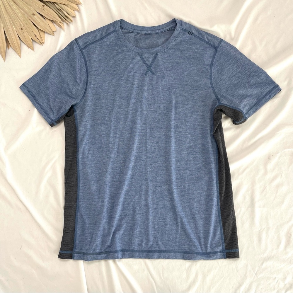 Lululemon T.H.E. Crew Heathered Dark Cobalt Blue Black Short Sleeve Shirt Large
